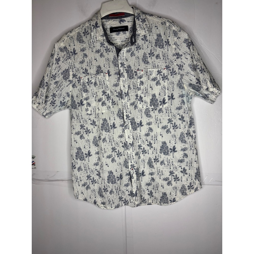 Tommy Bahama Mens Large White Navy Nautical Seersucker Short Sleeve Button Shirt